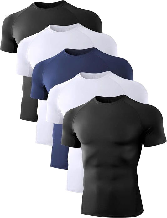 Men'S 5-Pack Crew Neck Plain Compression Shirts - Short Sleeve/Sleeveless Breathable Workout Top, Base Layer Sporty Sports Tops, Summer Gym Training Activewear for Fitness