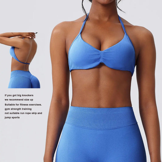 Deideiap Halter Gym Sports Bra Casual Comfy Breathable Backless Padded Gym Workout Bra Women Seamless Crop Tank Tops Low Bra Gym Fitness Strength Training Bra