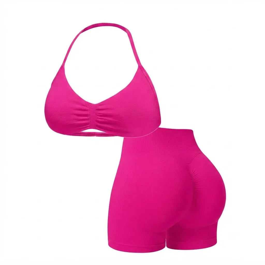 Women'S Seamless Yoga , 2-Piece Gym Shorts & Sports Bra Workout Outfit, High-Waisted Fitness Sportswear, Exercise Activewear for Women Gym Yoga Outfits Activewear Look Stretch Activewear Shorts Fitness Seamless Design Summer Open Back Sport Bra