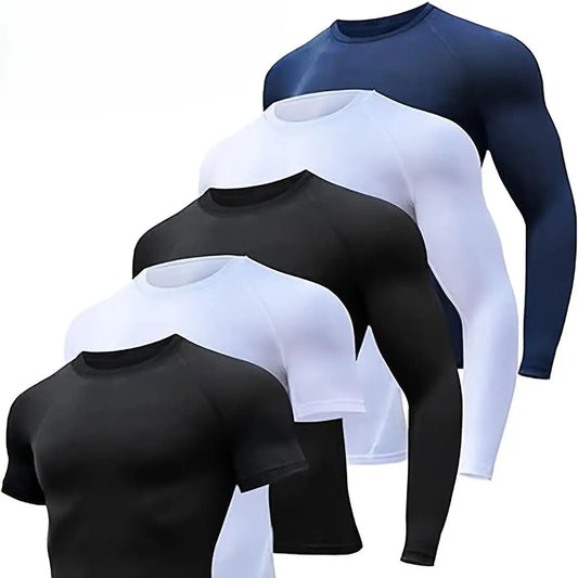 Men'S 5-Piece Compression Sportswear Set Short & Long Sleeve Baselayer Shirts Black White Navy for High-Intensity Workout Training