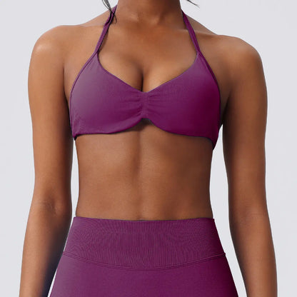 Deideiap Halter Gym Sports Bra Casual Comfy Breathable Backless Padded Gym Workout Bra Women Seamless Crop Tank Tops Low Bra Gym Fitness Strength Training Bra