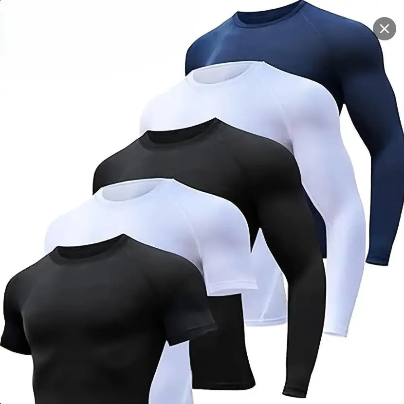 Men'S 5-Piece Compression Sportswear Set Short & Long Sleeve Baselayer Shirts Black White Navy for High-Intensity Workout Training