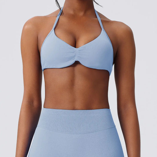 Deideiap Halter Gym Sports Bra Casual Comfy Breathable Backless Padded Gym Workout Bra Women Seamless Crop Tank Tops Low Bra Gym Fitness Strength Training Bra