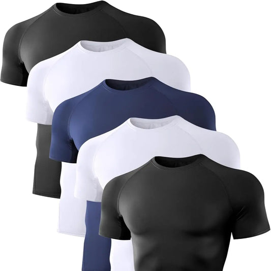 Men'S 5-Pack Crew Neck Plain Compression Shirts - Short Sleeve/Sleeveless Breathable Workout Top, Base Layer Sporty Sports Tops, Summer Gym Training Activewear for Fitness