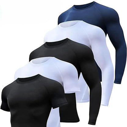 Men'S 5-Piece Compression Sportswear Set Short & Long Sleeve Baselayer Shirts Black White Navy for High-Intensity Workout Training