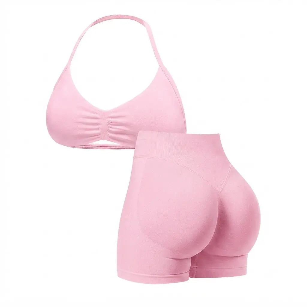Women'S Seamless Yoga , 2-Piece Gym Shorts & Sports Bra Workout Outfit, High-Waisted Fitness Sportswear, Exercise Activewear for Women Gym Yoga Outfits Activewear Look Stretch Activewear Shorts Fitness Seamless Design Summer Open Back Sport Bra