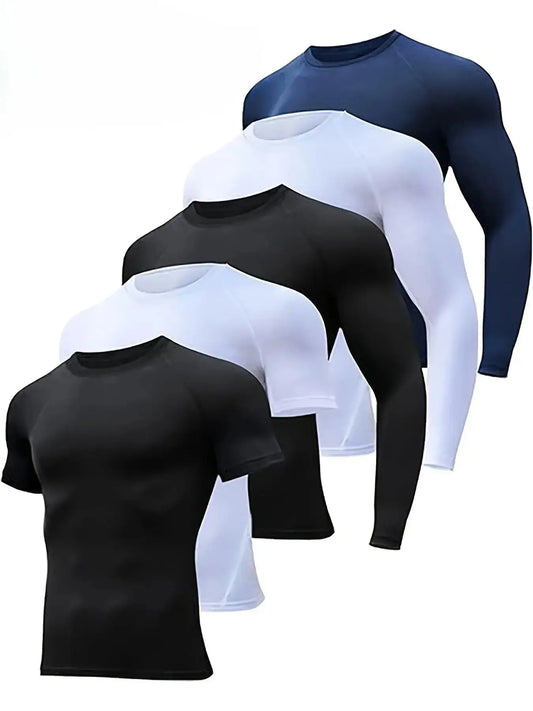 Men'S 5-Piece Compression Sportswear Set Short & Long Sleeve Baselayer Shirts Black White Navy for High-Intensity Workout Training