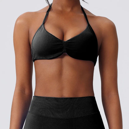 Deideiap Halter Gym Sports Bra Casual Comfy Breathable Backless Padded Gym Workout Bra Women Seamless Crop Tank Tops Low Bra Gym Fitness Strength Training Bra