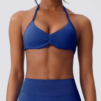 Deideiap Halter Gym Sports Bra Casual Comfy Breathable Backless Padded Gym Workout Bra Women Seamless Crop Tank Tops Low Bra Gym Fitness Strength Training Bra