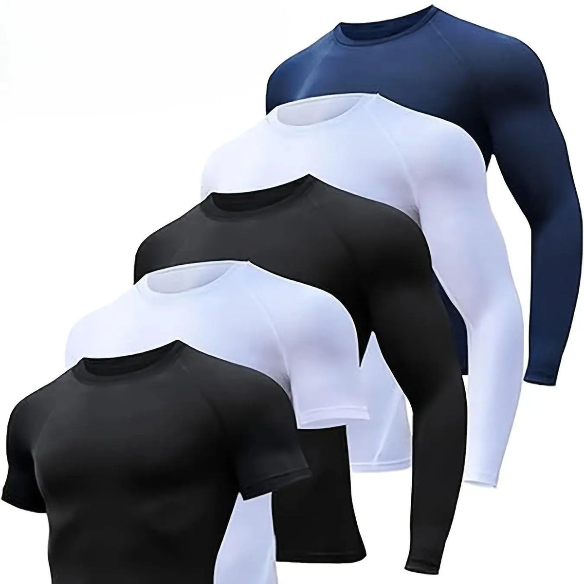 Men'S 5-Piece Compression Sportswear Set Short & Long Sleeve Baselayer Shirts Black White Navy for High-Intensity Workout Training